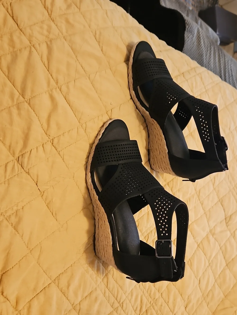 easy street Black Perforated Strappy Wedge Sandals